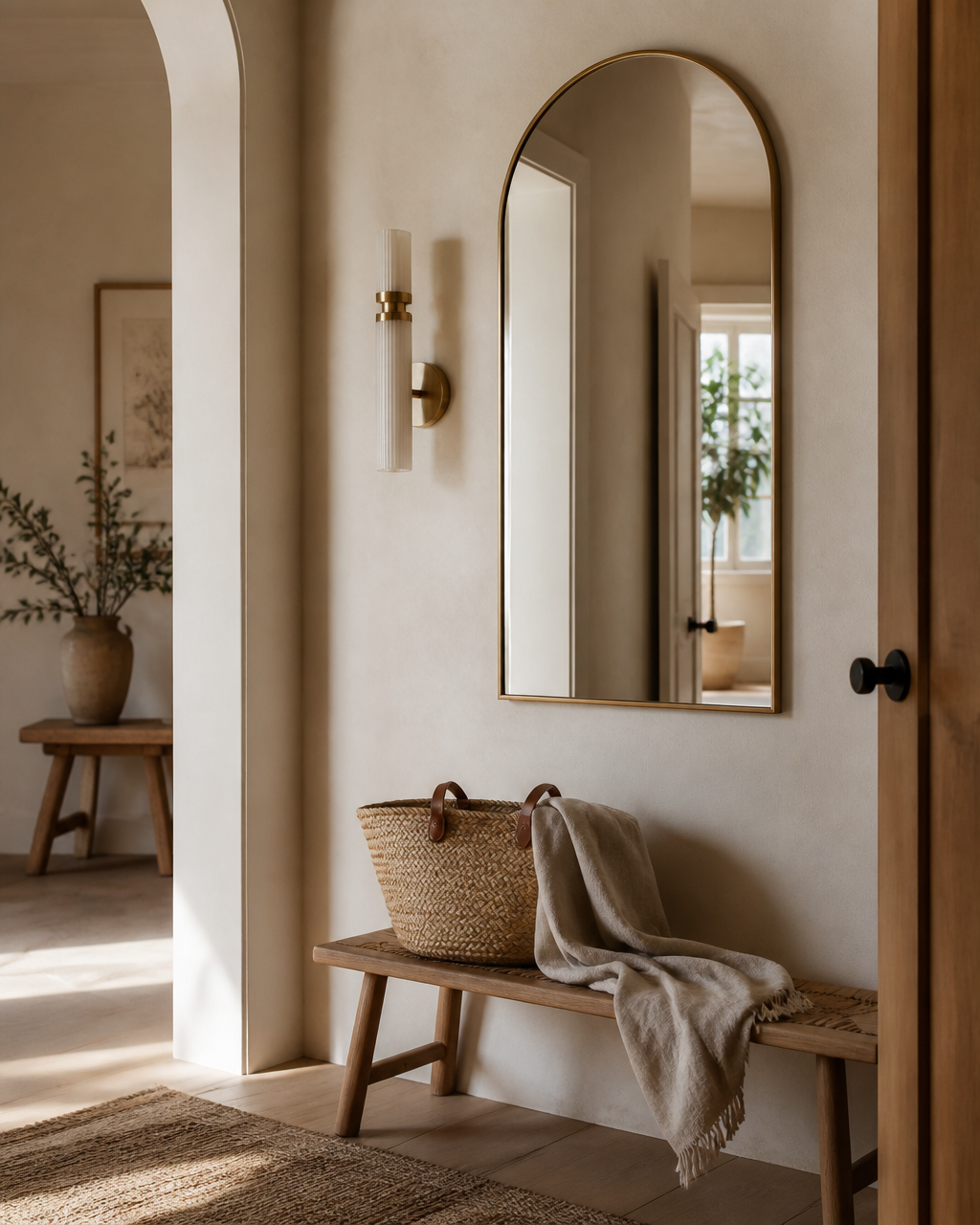 Arched mirror and brass wall light in a warm minimalist hallway