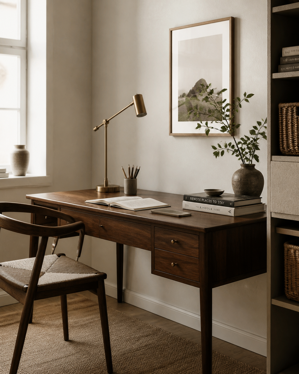Walnut desk with a brass task lamp and woven storage baskets