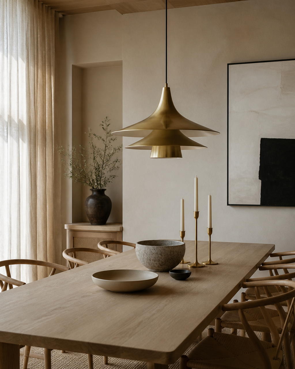 Oak dining table with a sculptural brass pendant and ceramic tableware