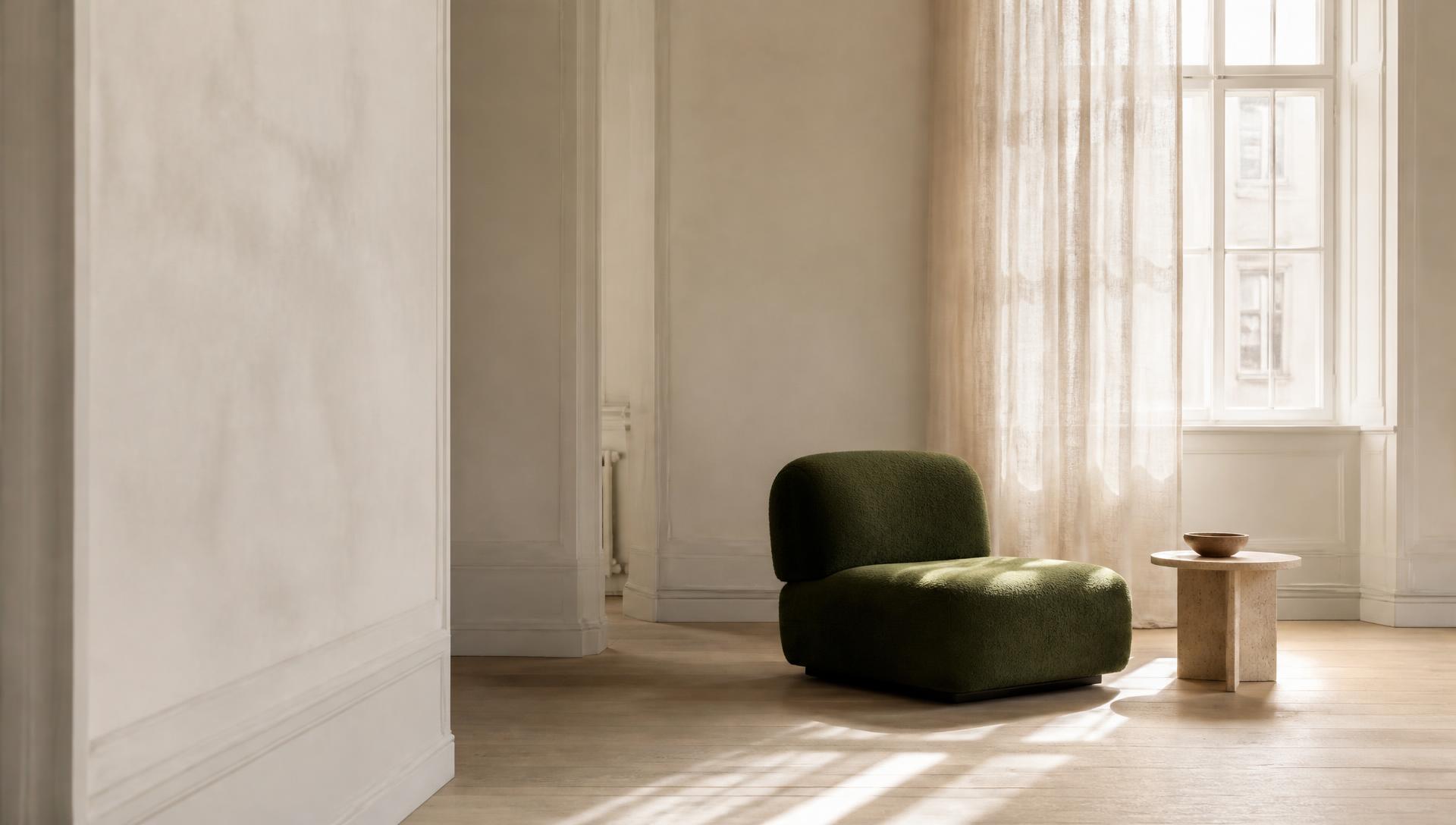 Quiet Scandinavian apartment in ivory plaster with a deep green lounge chair and travertine side table in morning light