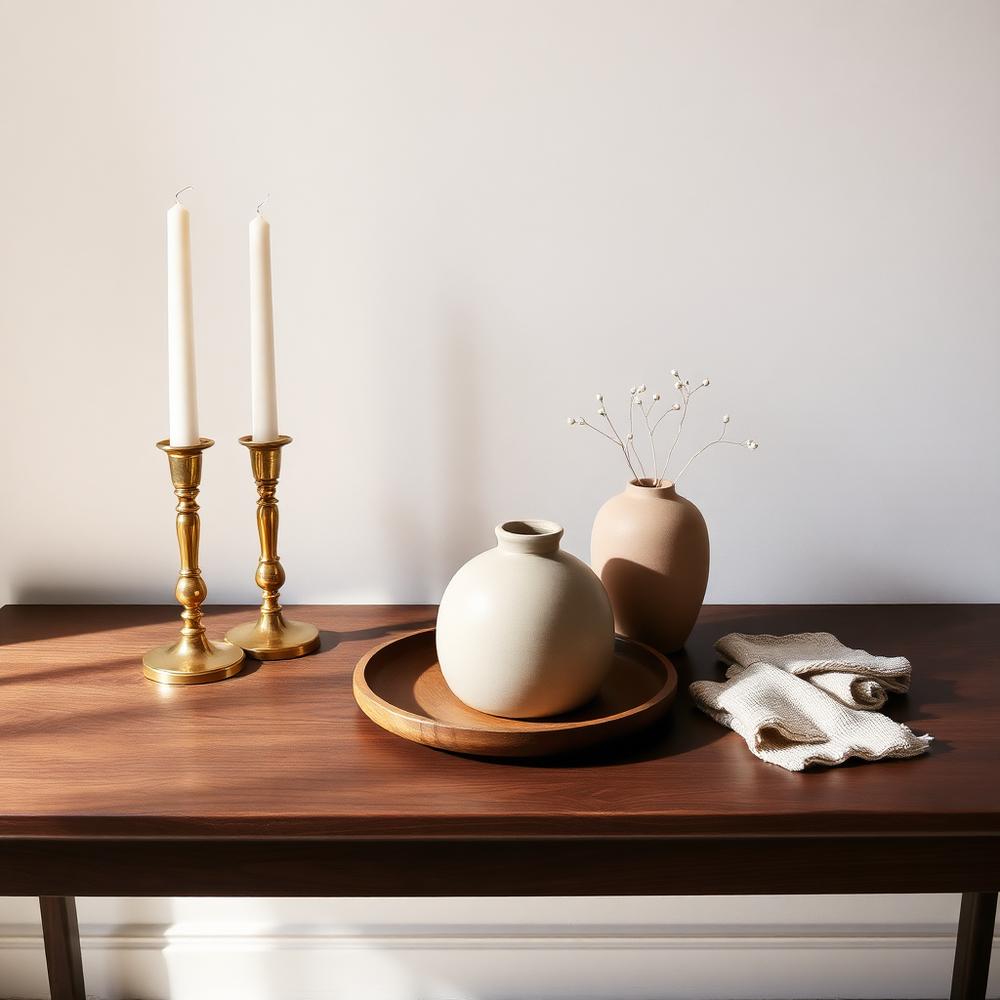 Candleholders, ceramic vase and walnut tray on a dark wood surface