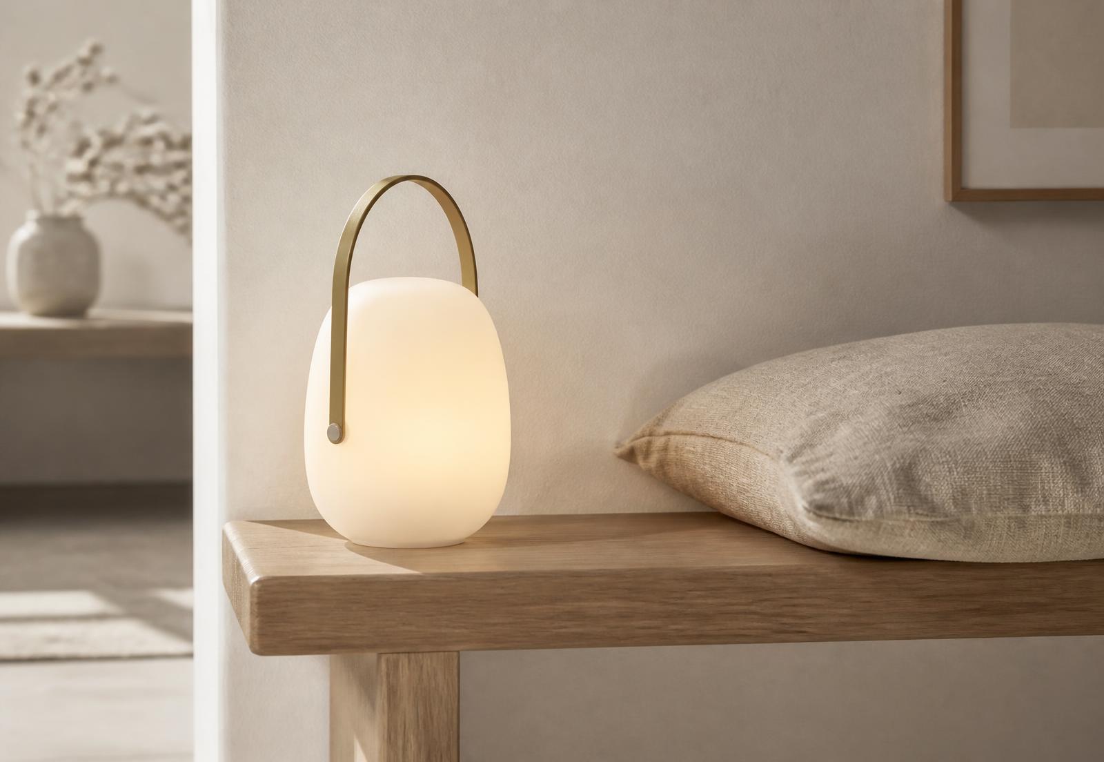 Portable opal glass lamp with brass handle glowing on a pale oak bench beside a linen cushion
