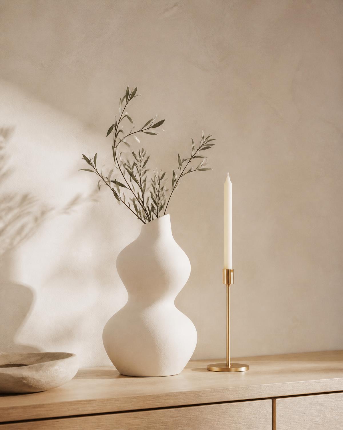Sculptural off-white ceramic vase with olive branches beside a brass candleholder on pale oak