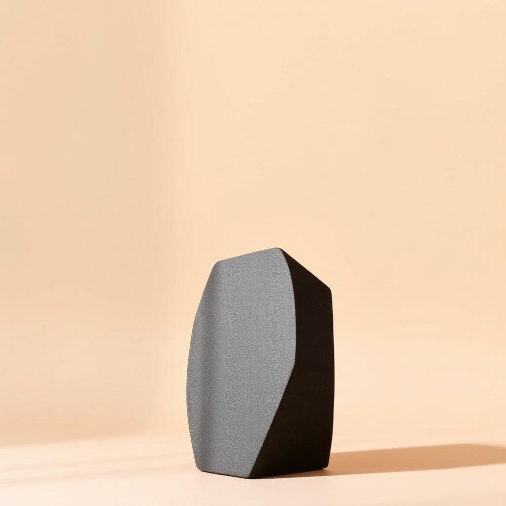 Sculptural dark grey stone monolith object on a plain warm background