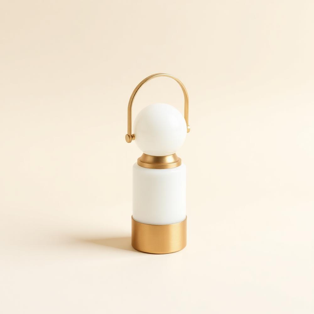 Portable opal glass lamp with a brushed brass carry handle on a plain warm background